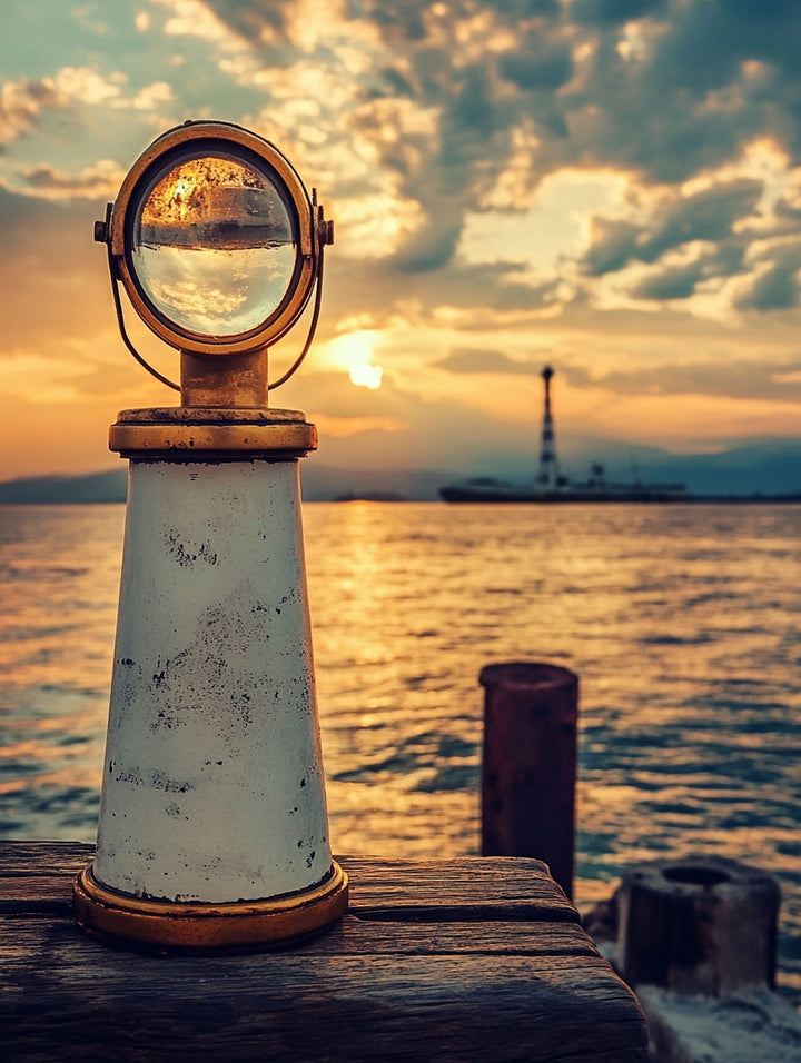 Wadi Home nautical harbor sunset wall art print featuring a vintage maritime lens on a dock in a coastal living room.