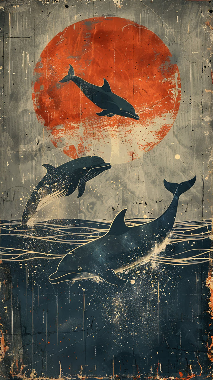 Wadi Home framed wall art featuring dolphins leaping before a large crimson sun in a moody ocean scene.
