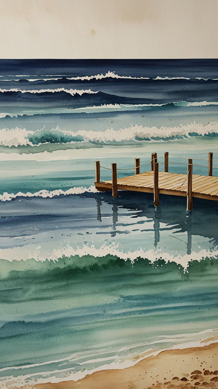 Wadi Home watercolor coastal pier wall art featuring ocean waves in blue and teal tones above a neutral living room.