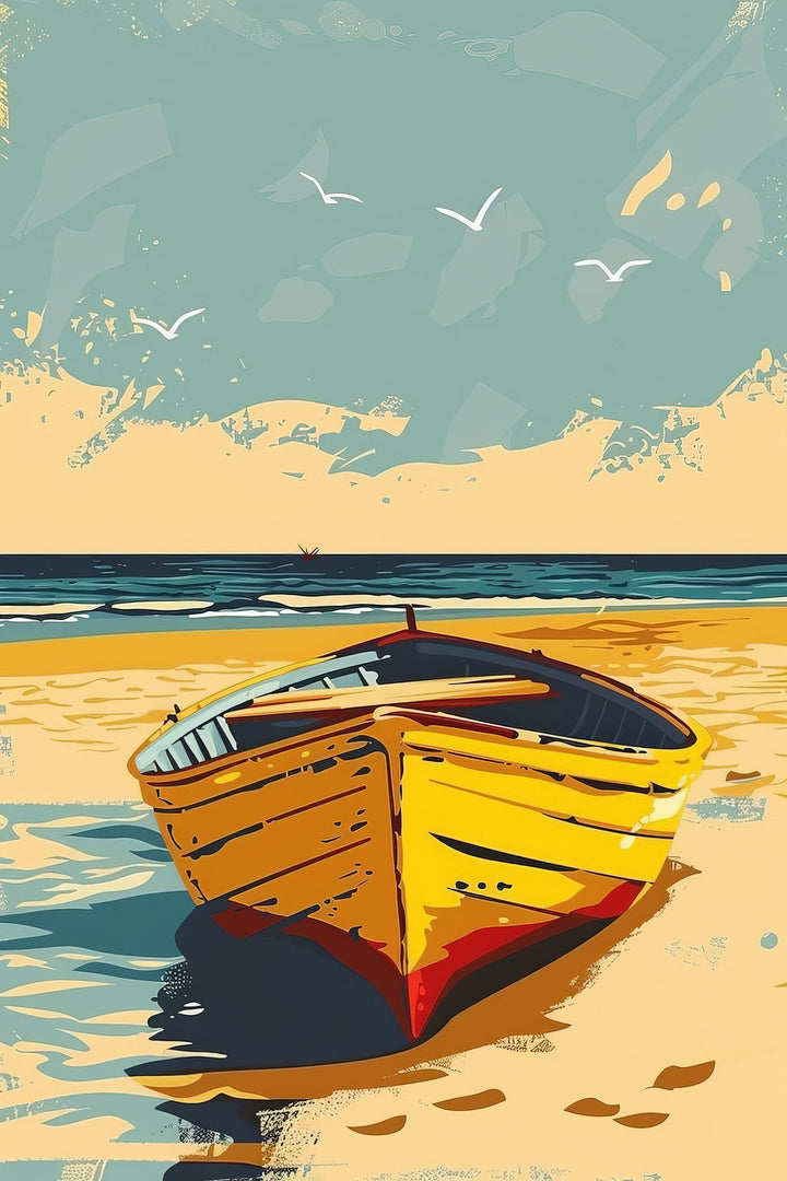 Wadi Home coastal boat scene framed wall art with a yellow boat on a sandy beach, displayed above a modern living room sofa.