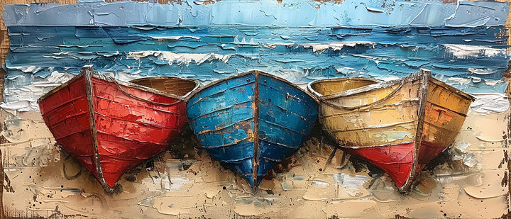 Wadi Home textured coastal canvas art featuring red, blue, and yellow boats on a sandy beach above a beige sofa.