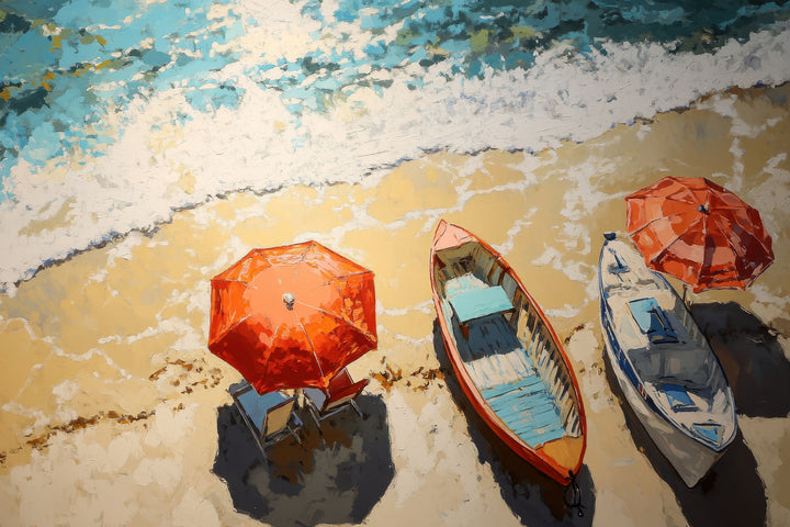 Wadi Home coastal beach scene framed wall art featuring vibrant rowboats and umbrellas above a beige sofa in a living room