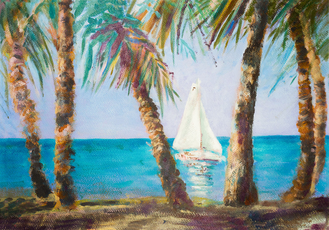 Wadi Home coastal sailboat landscape canvas art featuring palm trees and turquoise water above a neutral living room sofa.