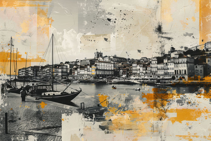 Wadi Home abstract coastal harbor wall art print in black, white, and golden yellow hanging above a beige sofa.
