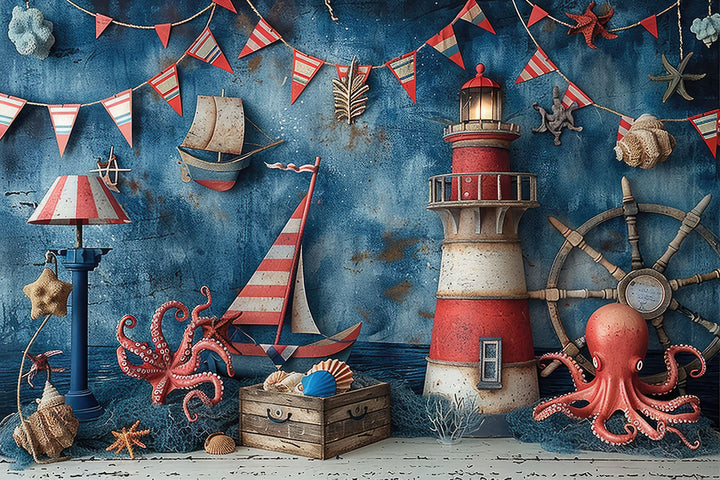Wadi Home nautical wall art featuring a lighthouse, octopus, and sailboats in deep blue, red, and white tones.