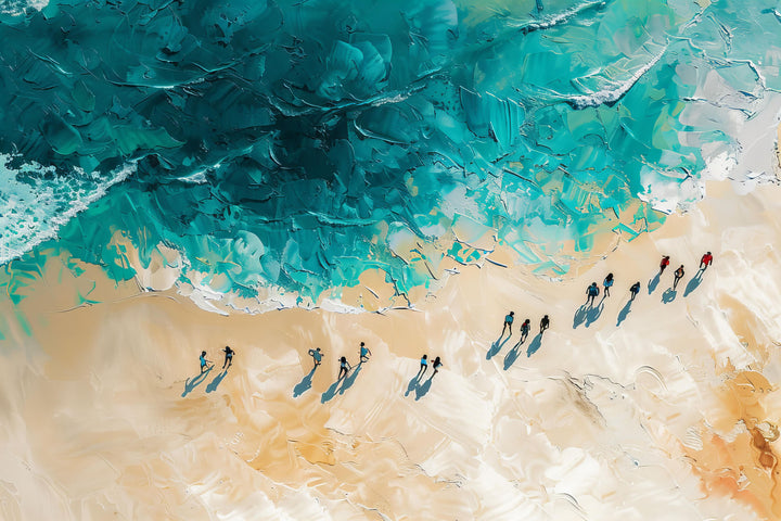 Wadi Home coastal beach oil painting with textured impasto teal ocean and sandy beige tones hanging above a sofa.