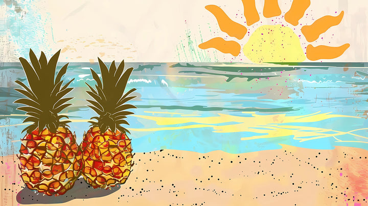 Wadi Home tropical pineapple beach wall art print featuring a sun-drenched coastal scene above a modern beige sofa.