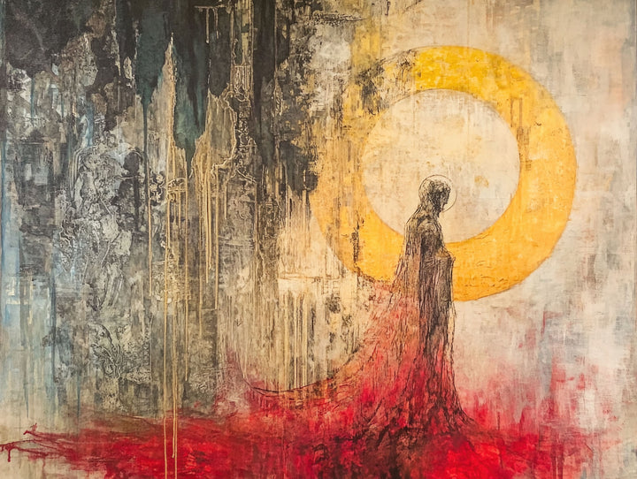 Wadi Home abstract figure canvas print with golden sun and crimson accents displayed above a modern grey sofa.
