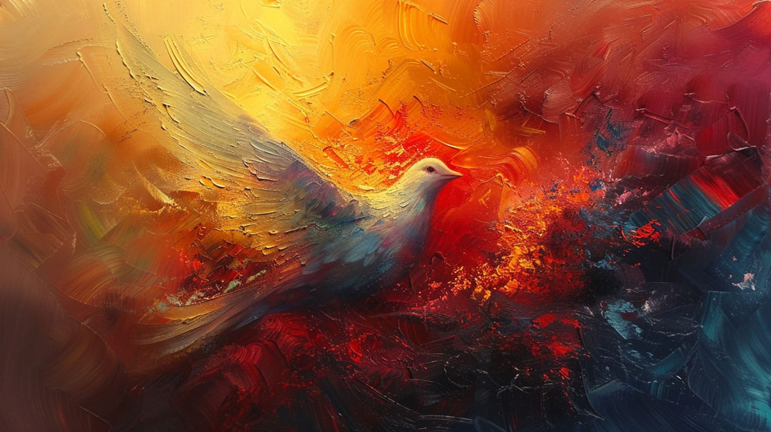 Wadi Home abstract dove canvas print with vibrant orange and red textured brushstrokes hanging in a modern living room