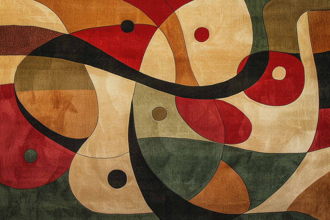 Wadi Home abstract geometric canvas print with red, green, and ochre shapes hanging above a modern grey sofa.