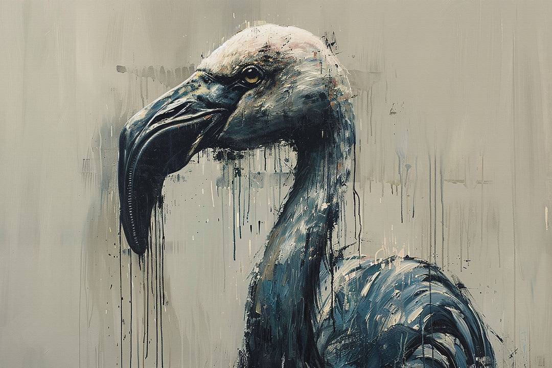 Wadi Home abstract flamingo wall art print in moody blue and charcoal tones displayed above a modern grey sofa.