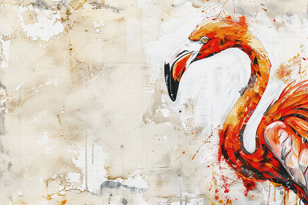 Wadi Home abstract flamingo wall art print with bold orange and red strokes on a textured neutral background in a living room.