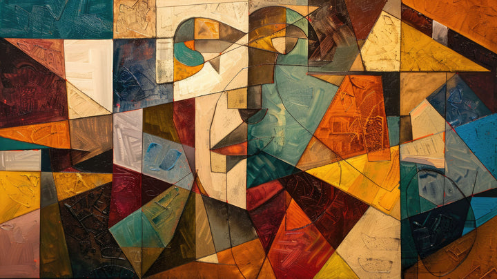 Wadi Home abstract geometric canvas print with ochre, teal, and orange tones hanging above a modern grey sofa.