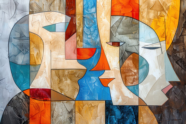 Wadi Home abstract geometric faces canvas art with vibrant orange and blue tones hanging above a modern grey sofa.