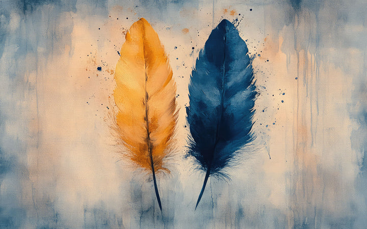 Wadi Home abstract feather canvas print with gold and navy blue watercolor feathers hanging above a modern grey sofa.
