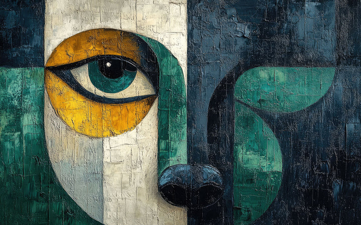 Wadi Home abstract geometric eye canvas print in navy, green, and ochre hanging above a modern grey sofa.