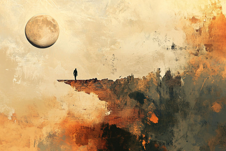 Wadi Home abstract landscape wall art print featuring a lone figure on a cliff under a moon in a modern living room.