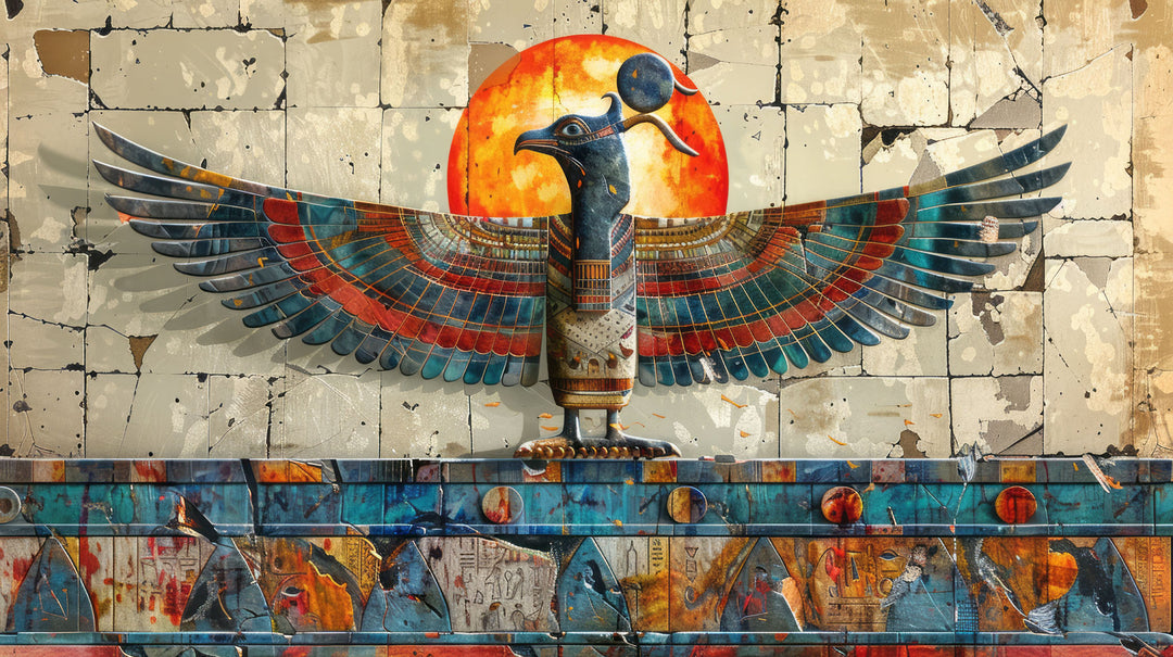 Wadi Home Ancient Egyptian style wall art featuring a winged deity and glowing sun above a modern grey living room sofa