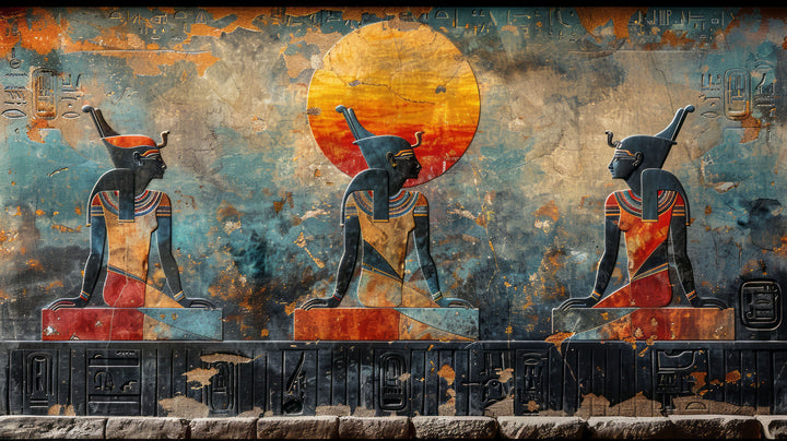Wadi Home Ancient Egyptian wall art print featuring three regal figures in blue and orange above a modern grey sofa.