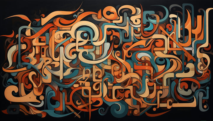 Wadi Home abstract calligraphy framed wall art featuring flowing orange and teal patterns on a dark background.