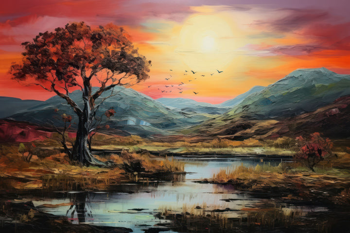 Wadi Home landscape oil painting featuring a sunset over a valley with vibrant orange and crimson tones on a living room wall.