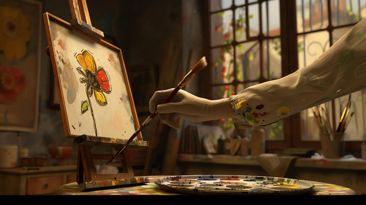 Wadi Home artist studio painting wall art featuring a floral sketch on an easel in a sunlit room above a grey sofa.