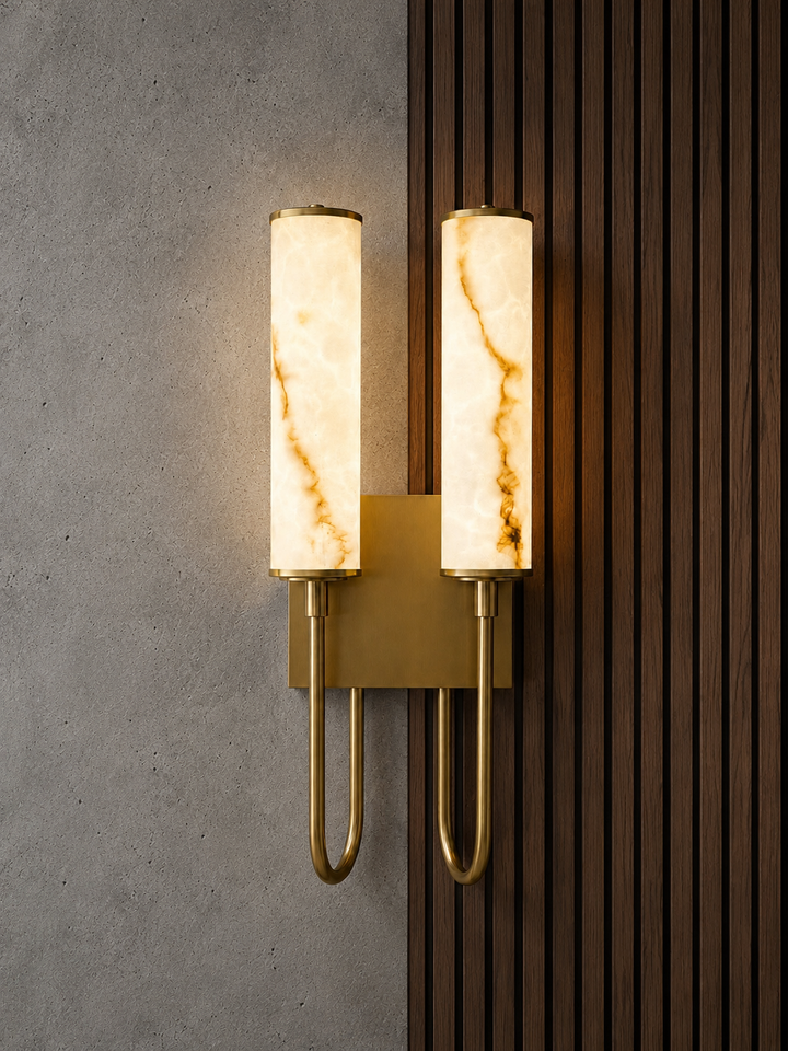 Modern Double Artificial Alabaster Brass Wall Sconce