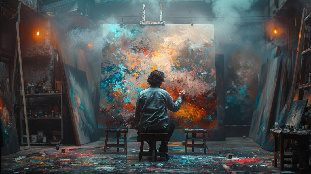 Wadi Home artist studio canvas print featuring a painter in a vibrant, moody industrial room above a modern sofa.