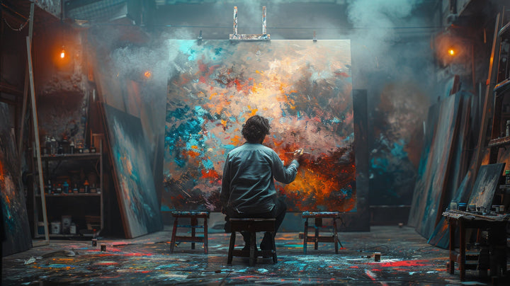 Wadi Home artist studio canvas print featuring a painter in a vibrant, moody industrial room above a modern sofa.