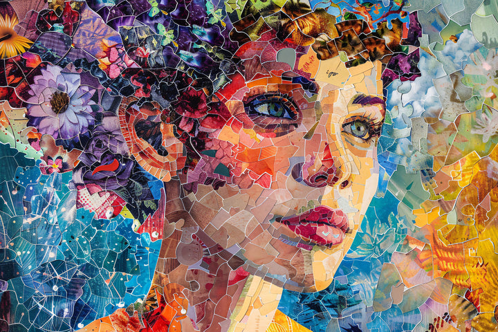 Wadi Home abstract mosaic portrait wall art print featuring vibrant blue and orange floral patterns in a modern living room