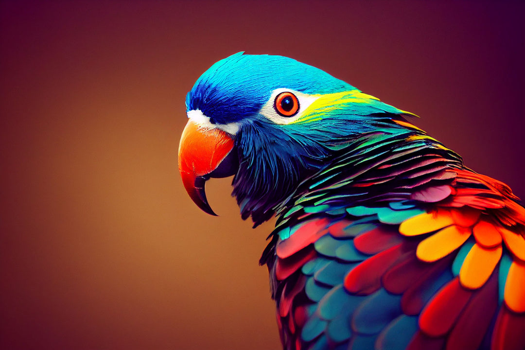 Wadi Home exotic tropical parrot wall art print with vibrant blue, red, and yellow feathers in a modern living room.