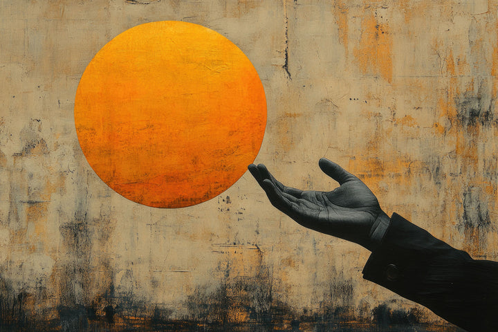 Wadi Home abstract wall art featuring a hand reaching for a glowing sun on a textured background in a modern living room
