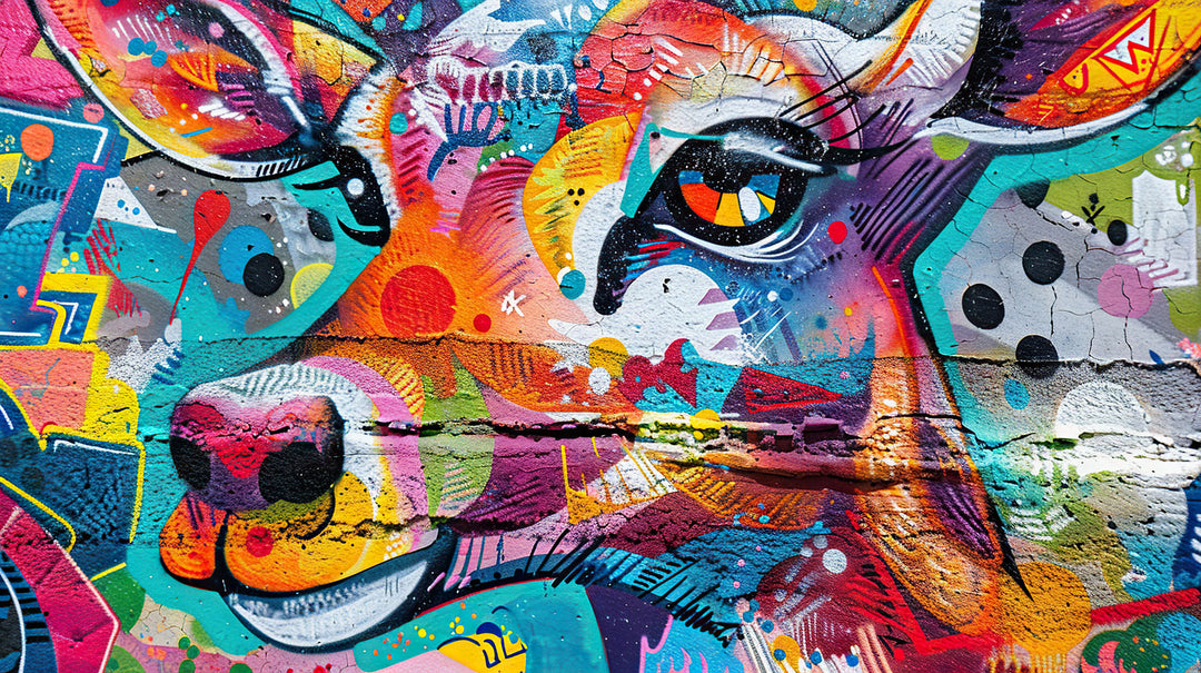 Wadi Home abstract animal canvas print with vibrant graffiti-style colors hanging above a modern grey sofa.