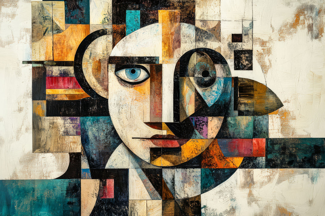 Wadi Home abstract geometric face canvas print with teal and ochre tones displayed above a modern grey sofa.