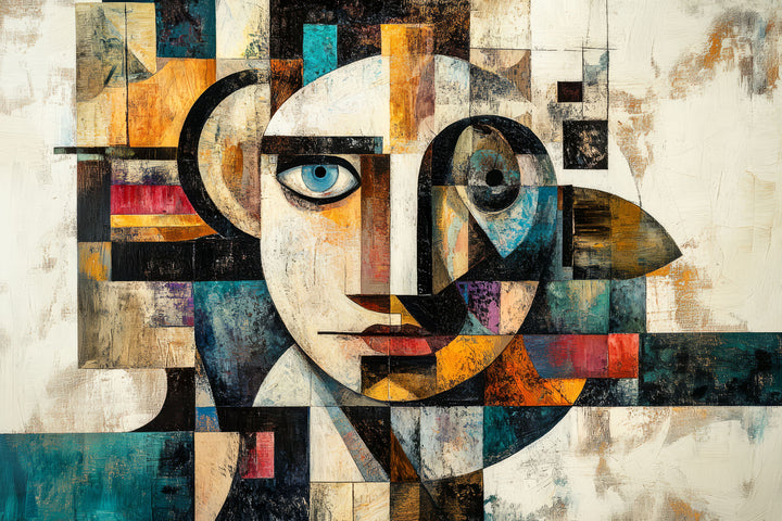 Wadi Home abstract geometric face canvas print with teal and ochre tones displayed above a modern grey sofa.