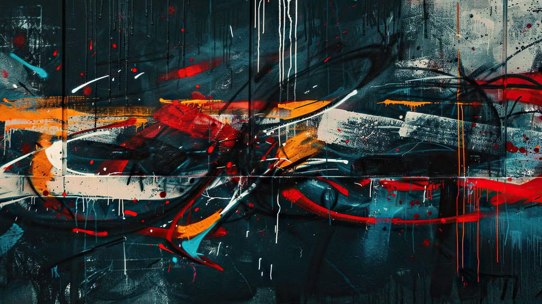 Wadi Home abstract expressionist framed wall art with moody tones and vibrant red and orange accents in a modern living room