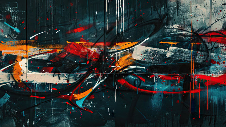 Wadi Home abstract expressionist framed wall art with moody tones and vibrant red and orange accents in a modern living room