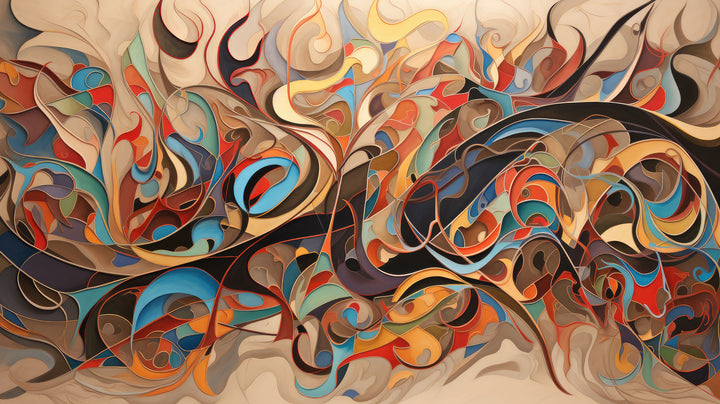 Wadi Home abstract expressionist canvas print with fluid lines and warm earth tones hanging above a modern grey sofa.