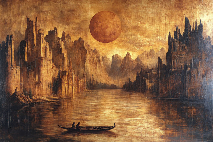 Wadi Home mystical landscape wall art featuring golden spires and an amber moon above a lake in a modern living room.