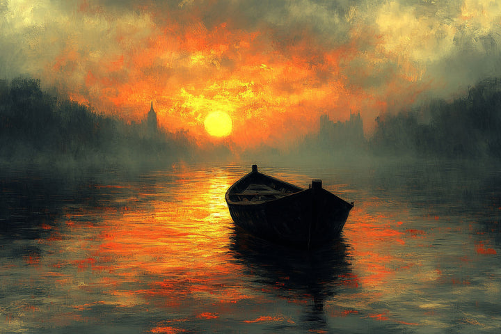 Wadi Home sunset boat landscape wall art print featuring fiery orange and gold tones hanging above a grey sofa.