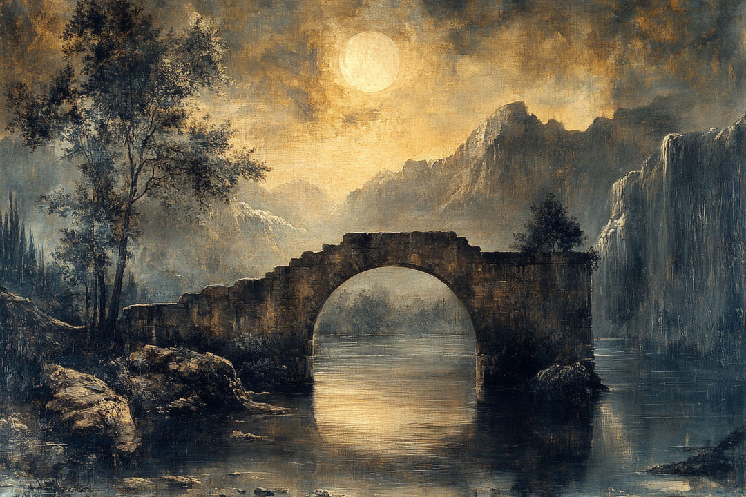 Wadi Home moonlit stone bridge landscape wall art print hanging above a modern grey sofa in a minimalist living room.