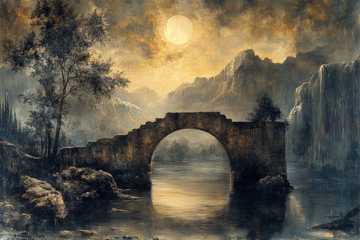 Wadi Home moonlit stone bridge landscape wall art print hanging above a modern grey sofa in a minimalist living room.
