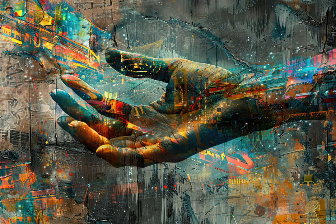 Wadi Home abstract hand canvas print with vibrant splashes of color displayed above a modern grey sofa in a living room