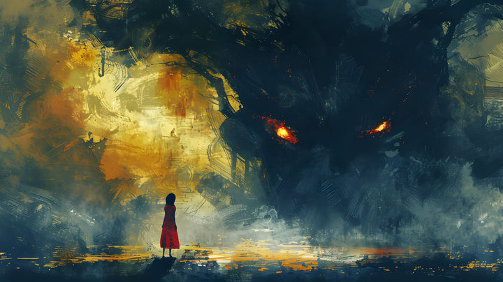 Wadi Home abstract fantasy wall art print featuring a silhouetted figure in a red dress facing a shadowy creature.