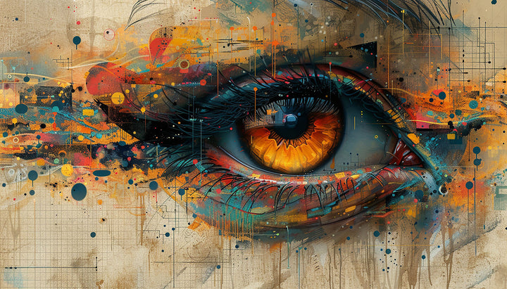 Wadi Home abstract eye canvas print with vibrant amber and blue splattered paint above a modern grey sofa.