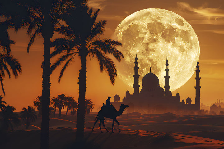 Wadi Home desert landscape wall art print featuring a mosque silhouette, palm trees, and a full moon in amber tones.