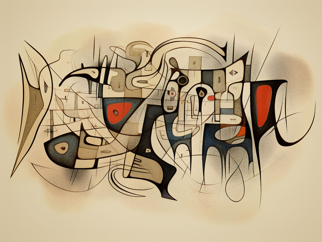 Wadi Home abstract geometric wall art print with cream, black, and red accents displayed above a modern grey sofa.