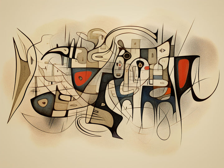 Wadi Home abstract geometric wall art print with cream, black, and red accents displayed above a modern grey sofa.