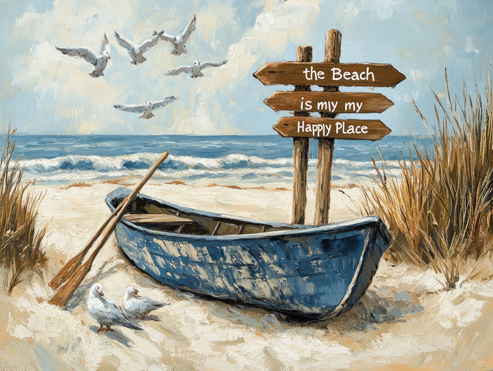 Wadi Home coastal beach wall art featuring a blue rowboat, wooden signpost, and seagulls in a modern living room