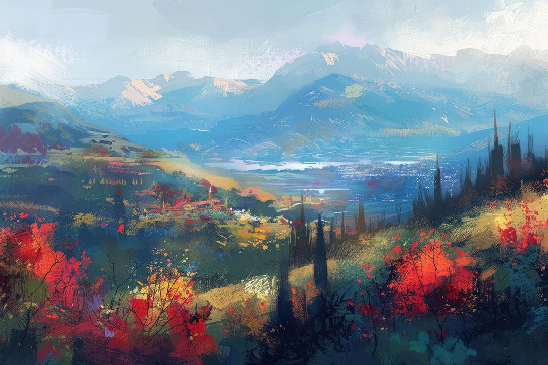 Wadi Home impressionist mountain landscape wall art print with vibrant blue peaks and fiery red autumn foliage.